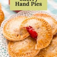 Photos of small pies, text overlay reads "air fryer cherry hand pies, pancakerecipes.com."