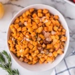 Overhead view of air fryer sweet potato hash.