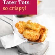 Tots in a basket, text overaly reads "air fryer tater tots"