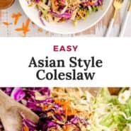 Two images of salad, text overlay reads "easy asian style coleslaw."