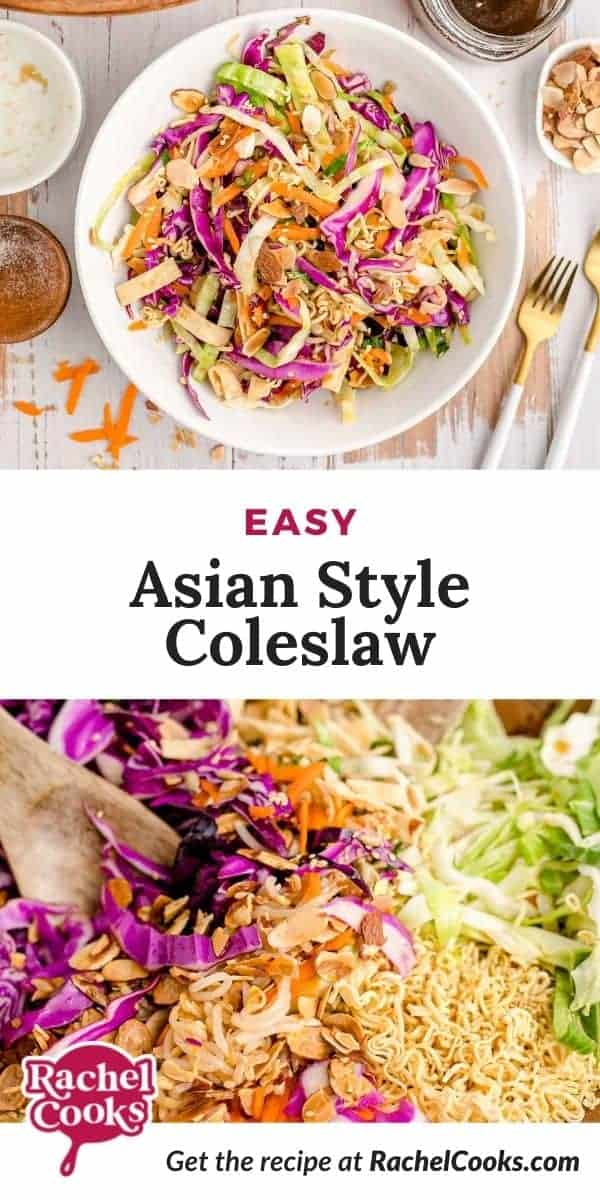 Two images of salad, text overlay reads "easy asian style coleslaw."