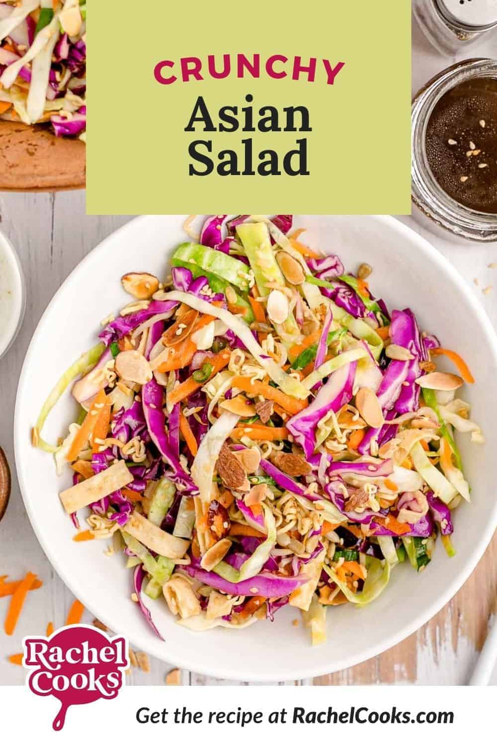 Salad in white bowl, text overlay reads "crunchy asian salad."