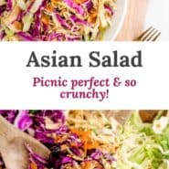 Two images, text overlay reads "asian salad, picnic perfect & so crunchy!"