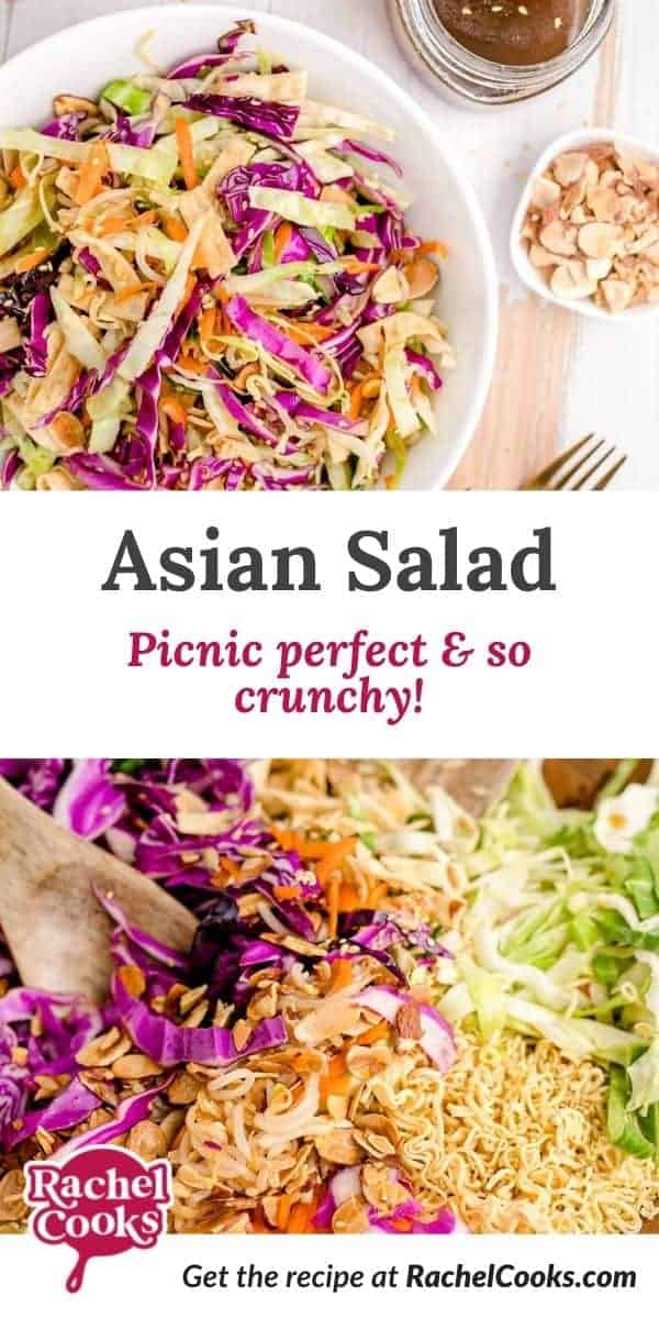 Two images, text overlay reads "asian salad, picnic perfect & so crunchy!"