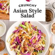 Salad in a white bowl, text overlay reads "crunch asian style salad."