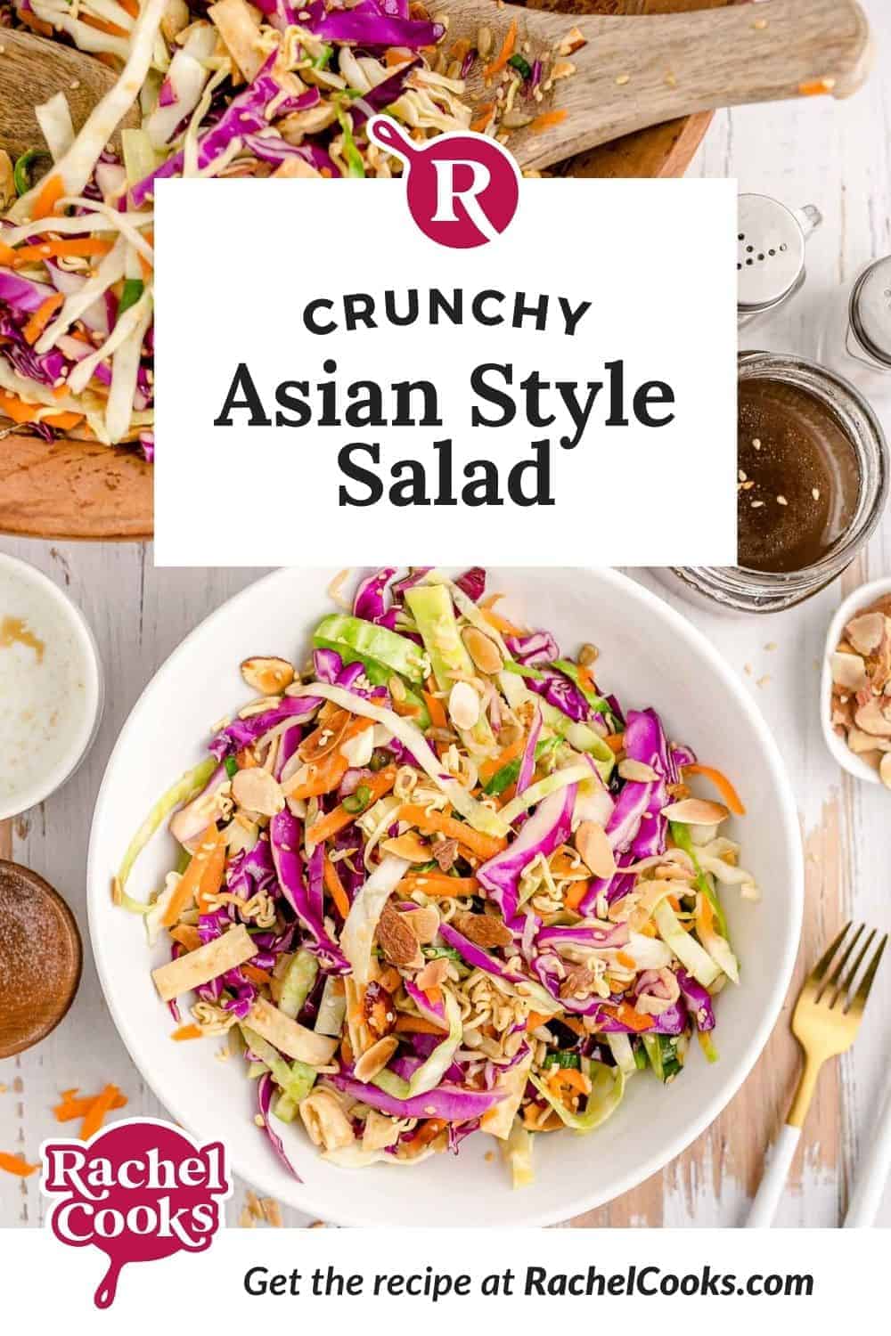 Salad in a white bowl, text overlay reads "crunch asian style salad."