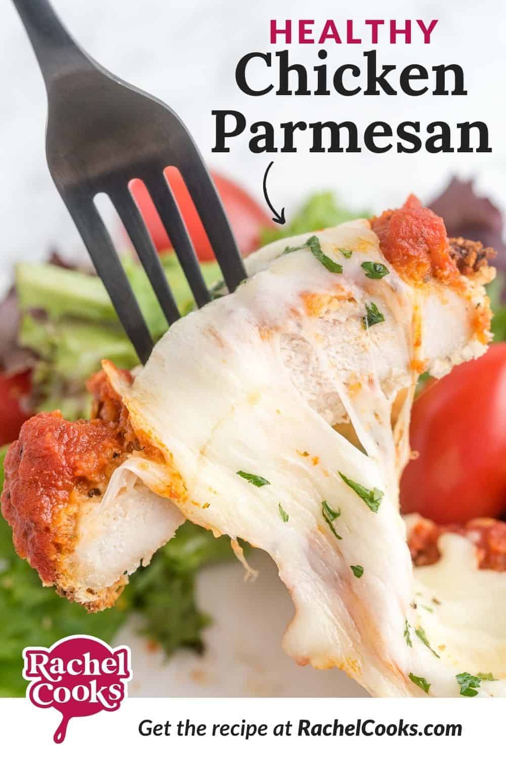 Chicken, text overlay reads "healthy chicken parmesan."