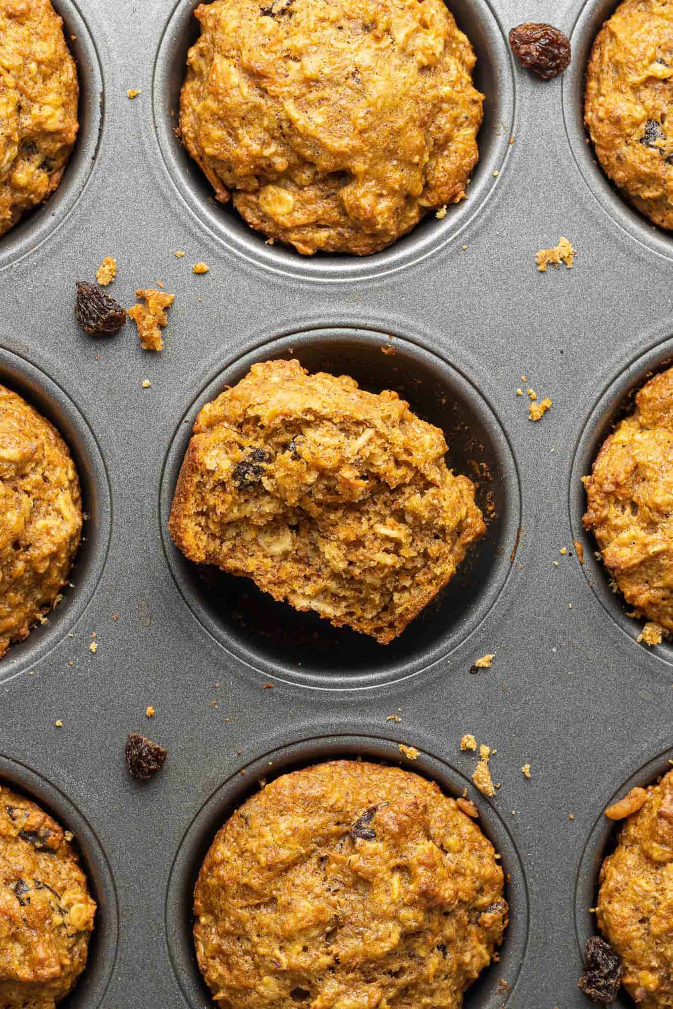 Overhead view of muffins in a metal muffin tin.