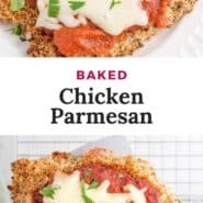 Chicken, text overlay reads "baked chicken parmesan."