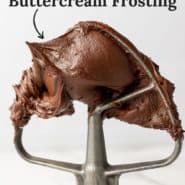 Frosting on a mixer beater, text overlay reads "easy to make chocolate buttercream frosting"