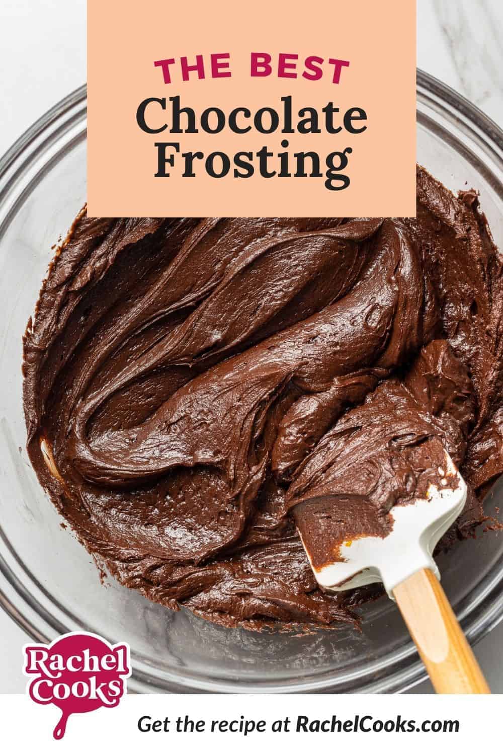 Frosting in a bowl, text overlay reads "the best chocolate frosting"