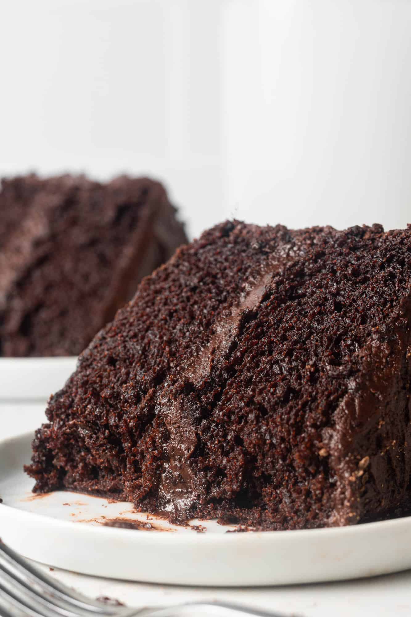 Cake on a white plate with bites removed.