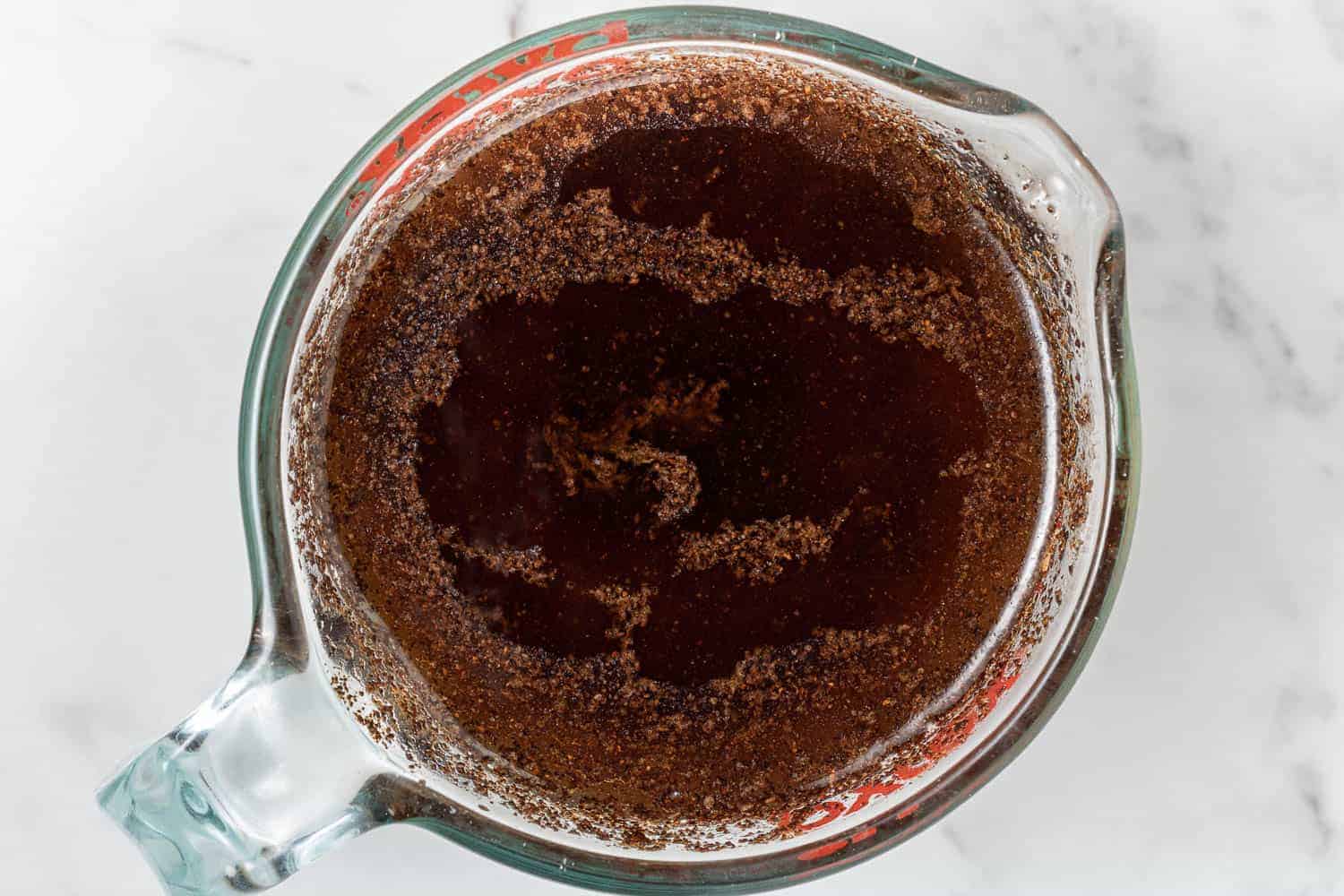 Wet ingredients in a large measuring cup.