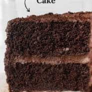 Slice of cake, text overlay reads, "easiest chocolate cake."