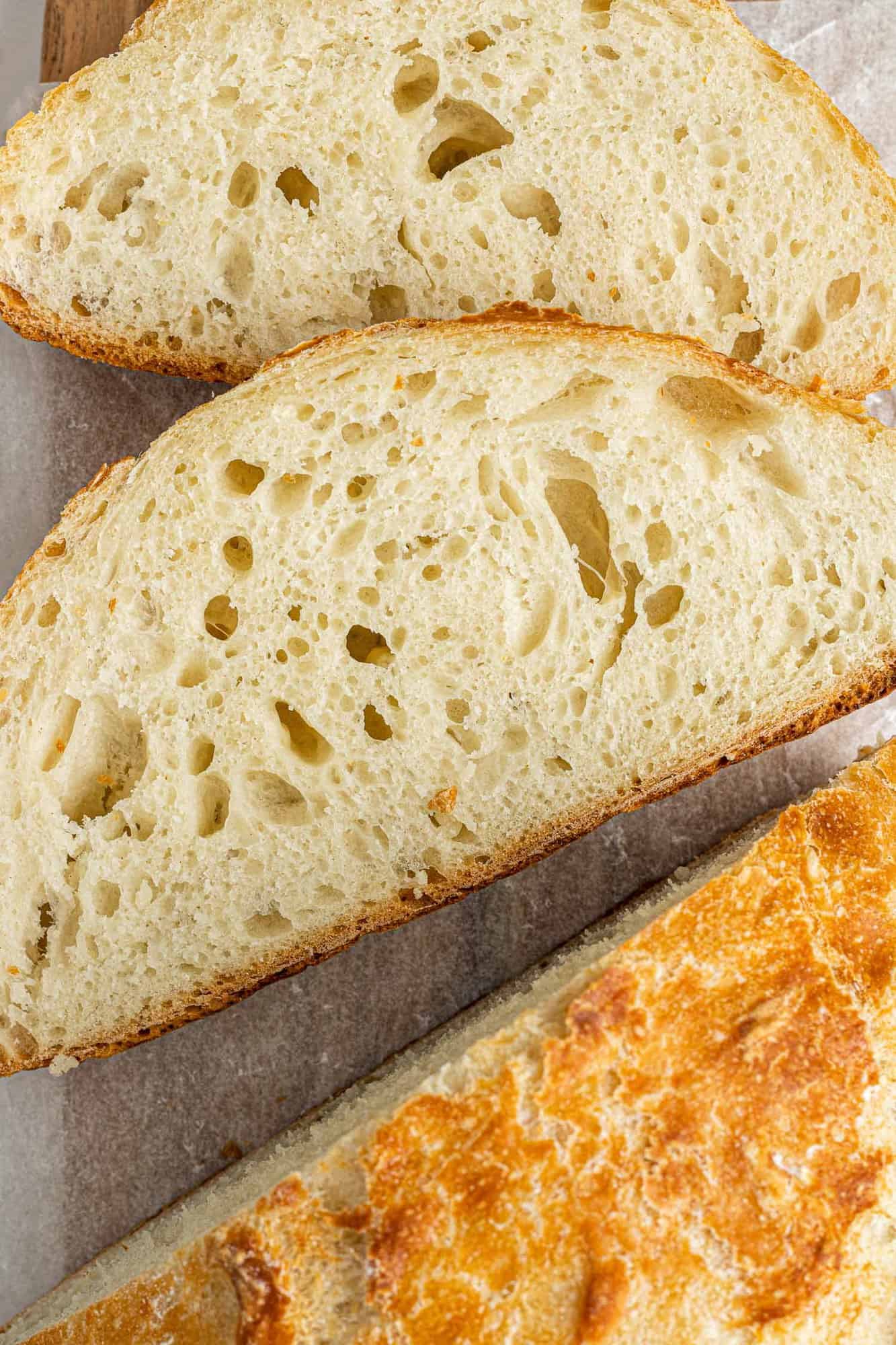 Overhead view of sliced artisan bread.