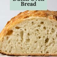 Bread, sliced to show texture. Text overlay reads "no knead dutch oven bread."