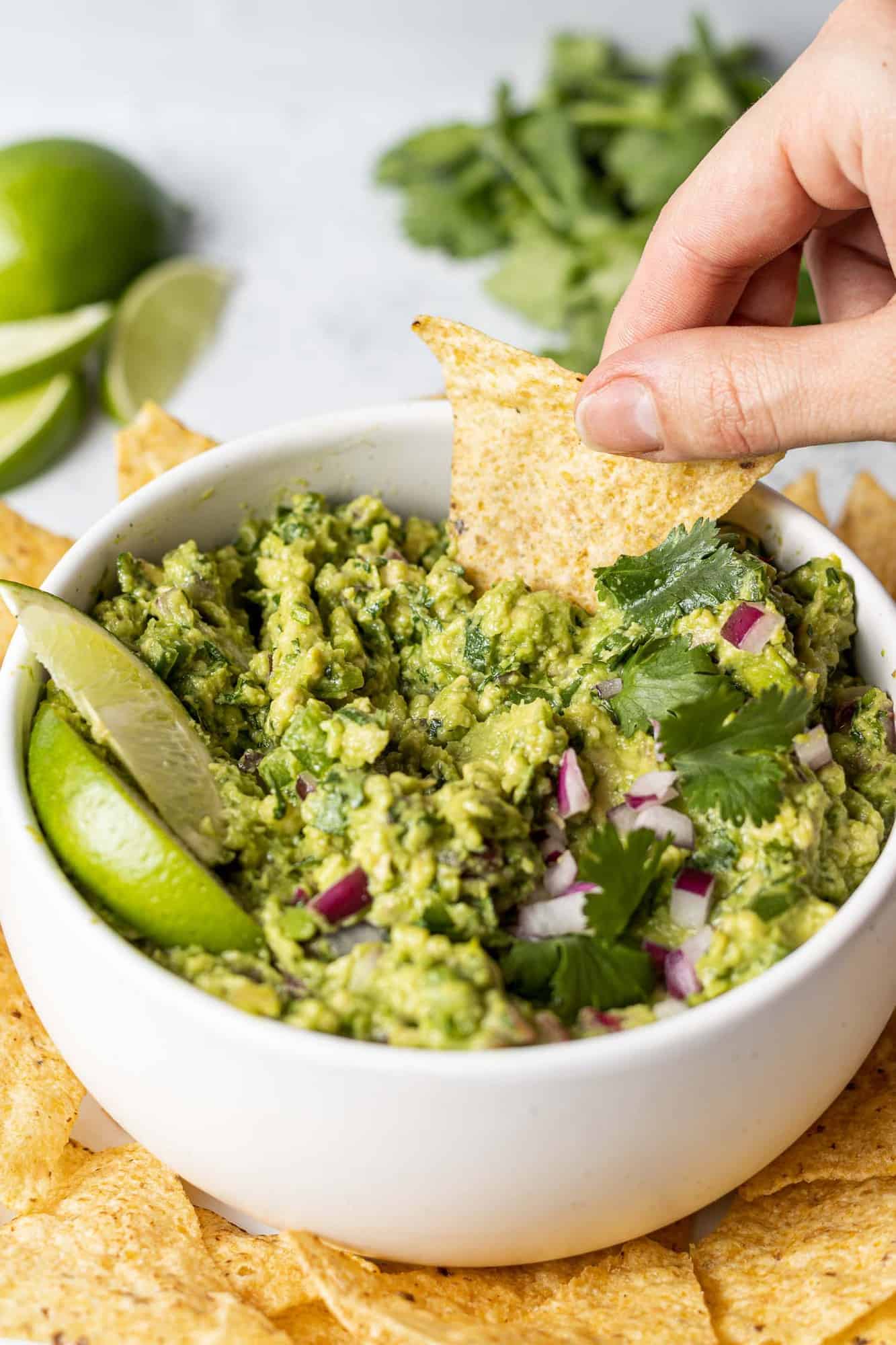 Chip being dipped into a bowl of guacamole.