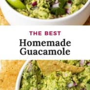 White bowl filled with guacamole, text overlay reads "the best homemade guacamole."