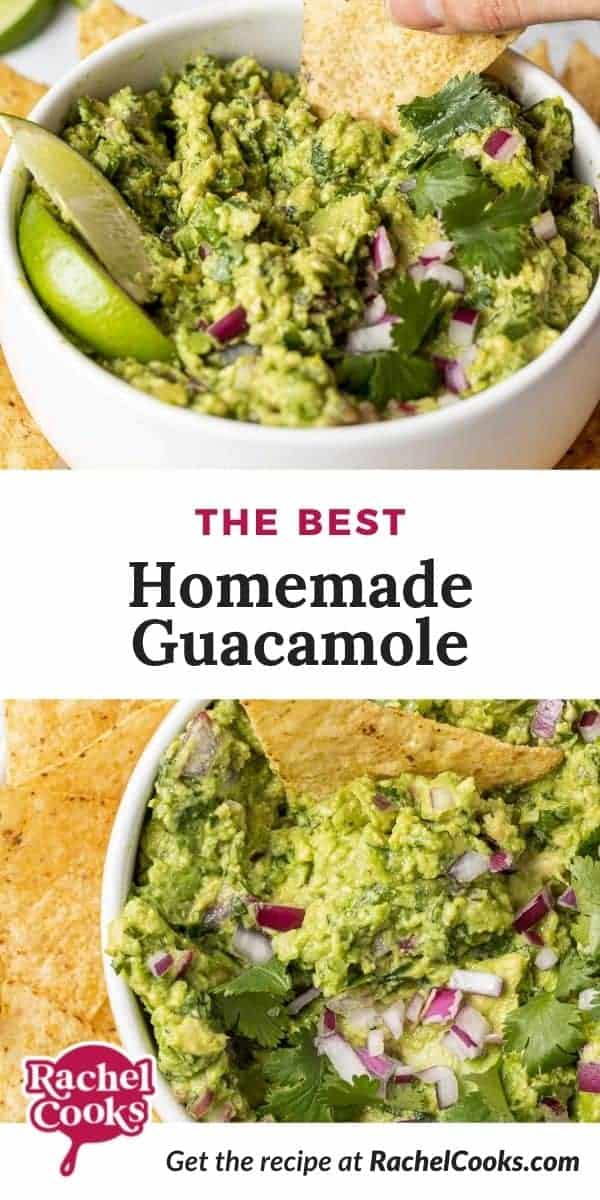 White bowl filled with guacamole, text overlay reads "the best homemade guacamole."