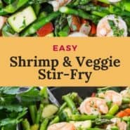 Two images of shrimp and vegetables, text overlay reads "easy shrimp & veggie stir-fry"