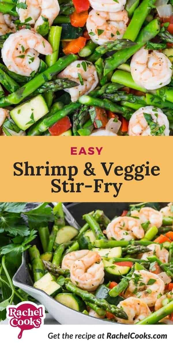 Two images of shrimp and vegetables, text overlay reads "easy shrimp & veggie stir-fry"