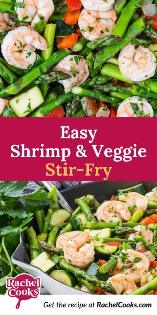 Two images of shrimp and vegetables, text overlay reads "easy shrimp & veggie stir-fry"