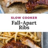 Two photos of ribs, text overlay reads "slow cooker fall-apart ribs."