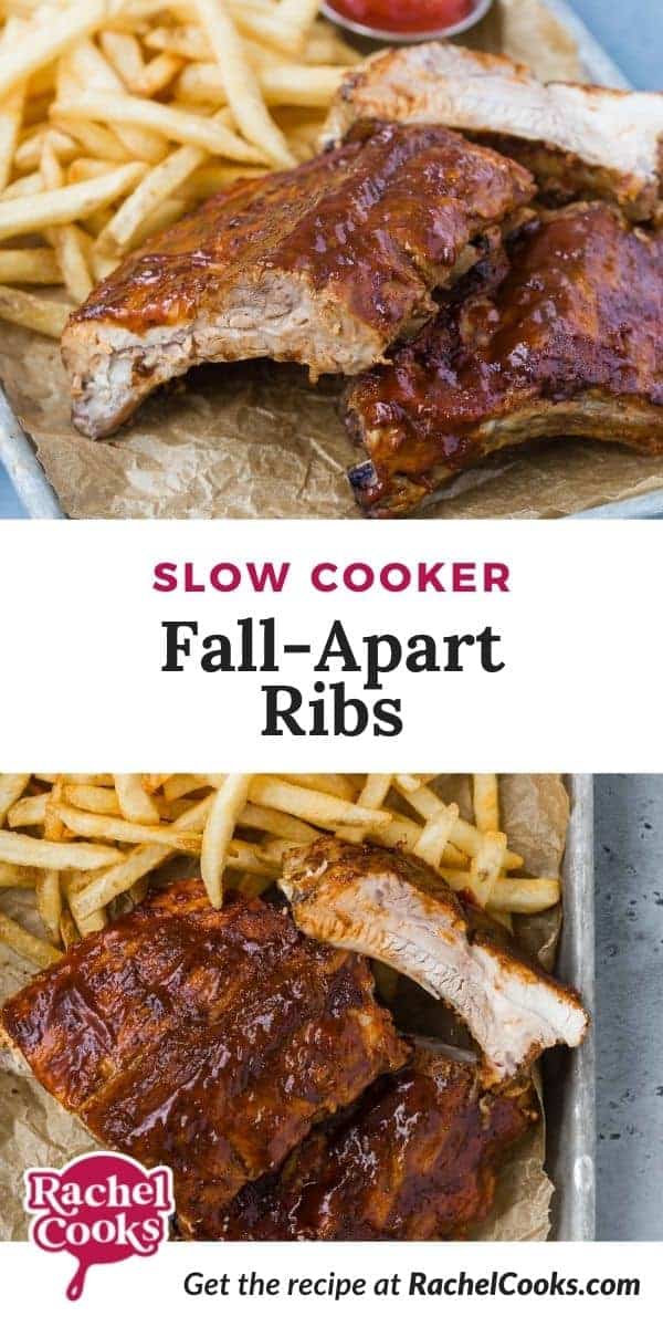 Two photos of ribs, text overlay reads "slow cooker fall-apart ribs."