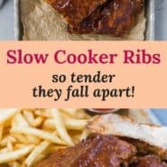 Two photos of ribs, text overlay reads "slow cooker ribs, so tender they fall apart."