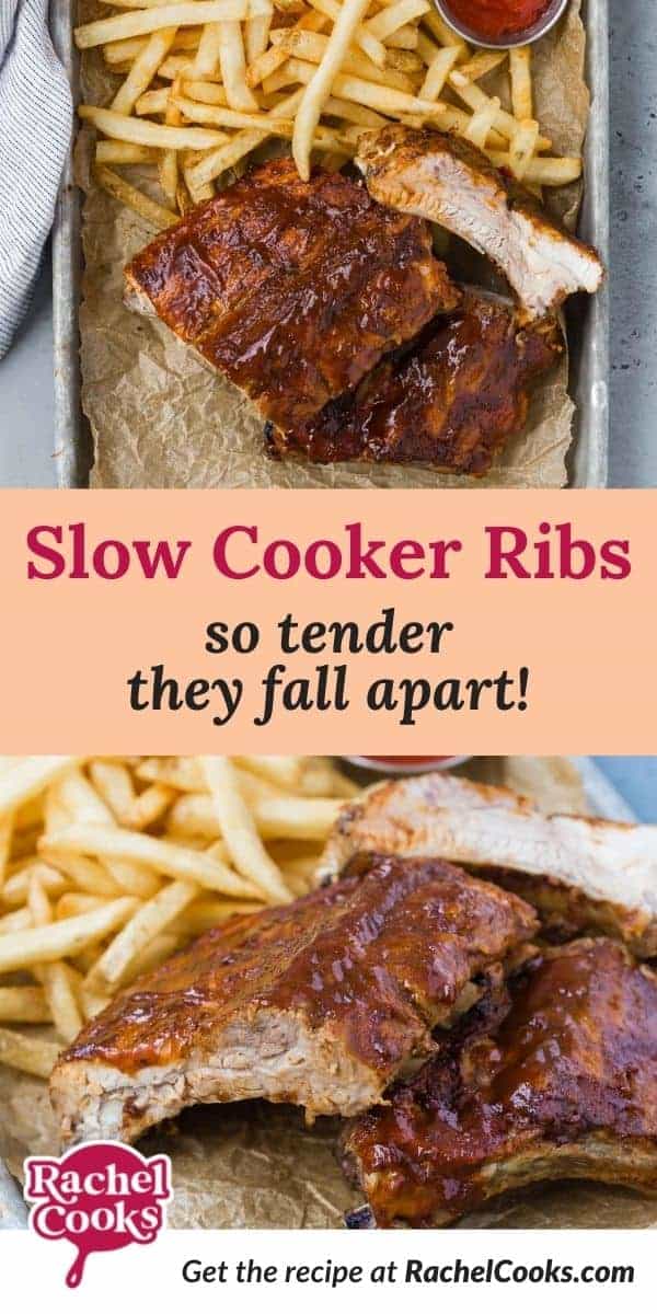 Two photos of ribs, text overlay reads "slow cooker ribs, so tender they fall apart."