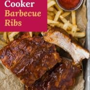 Ribs on tray with fries, text overlay reads "slow cooker barbecue ribs."