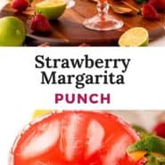 Red iced drink, text overlay reads "strawberry margarita punch."