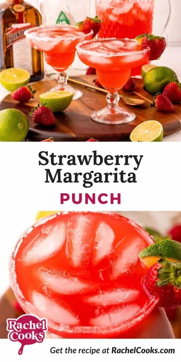 Red iced drink, text overlay reads "strawberry margarita punch."