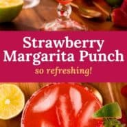 Red iced drink, text overlay reads "strawberry margarita punch - so refreshing!"