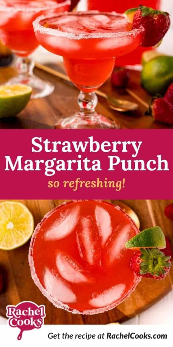 Red iced drink, text overlay reads "strawberry margarita punch - so refreshing!"