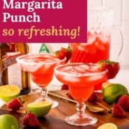 Red iced drink, text overlay reads "strawberry margarita punch - so refreshing!"