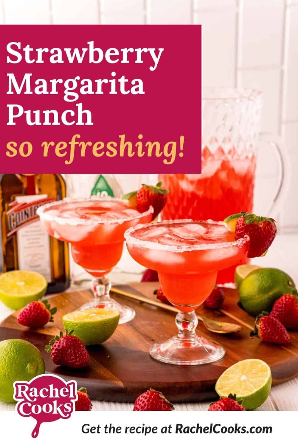 Red iced drink, text overlay reads "strawberry margarita punch - so refreshing!"