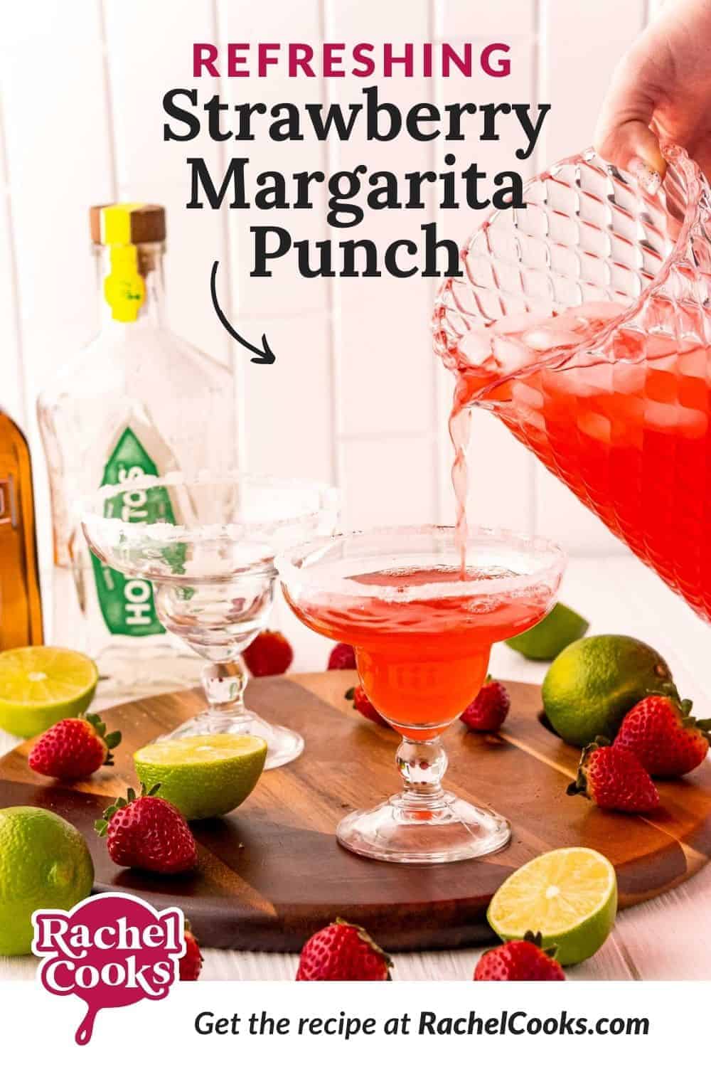 Red iced drink, text overlay reads "refreshing strawberry margarita punch."
