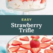 Layered strawberry dessert, text overlay reads "easy strawberry trifle."