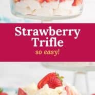 Layered strawberry dessert, text overlay reads "strawberry trifle- so easy!"