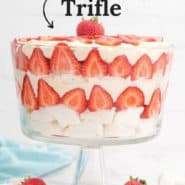 Layered strawberry dessert, text overlay reads "the easiest strawberry trifle."