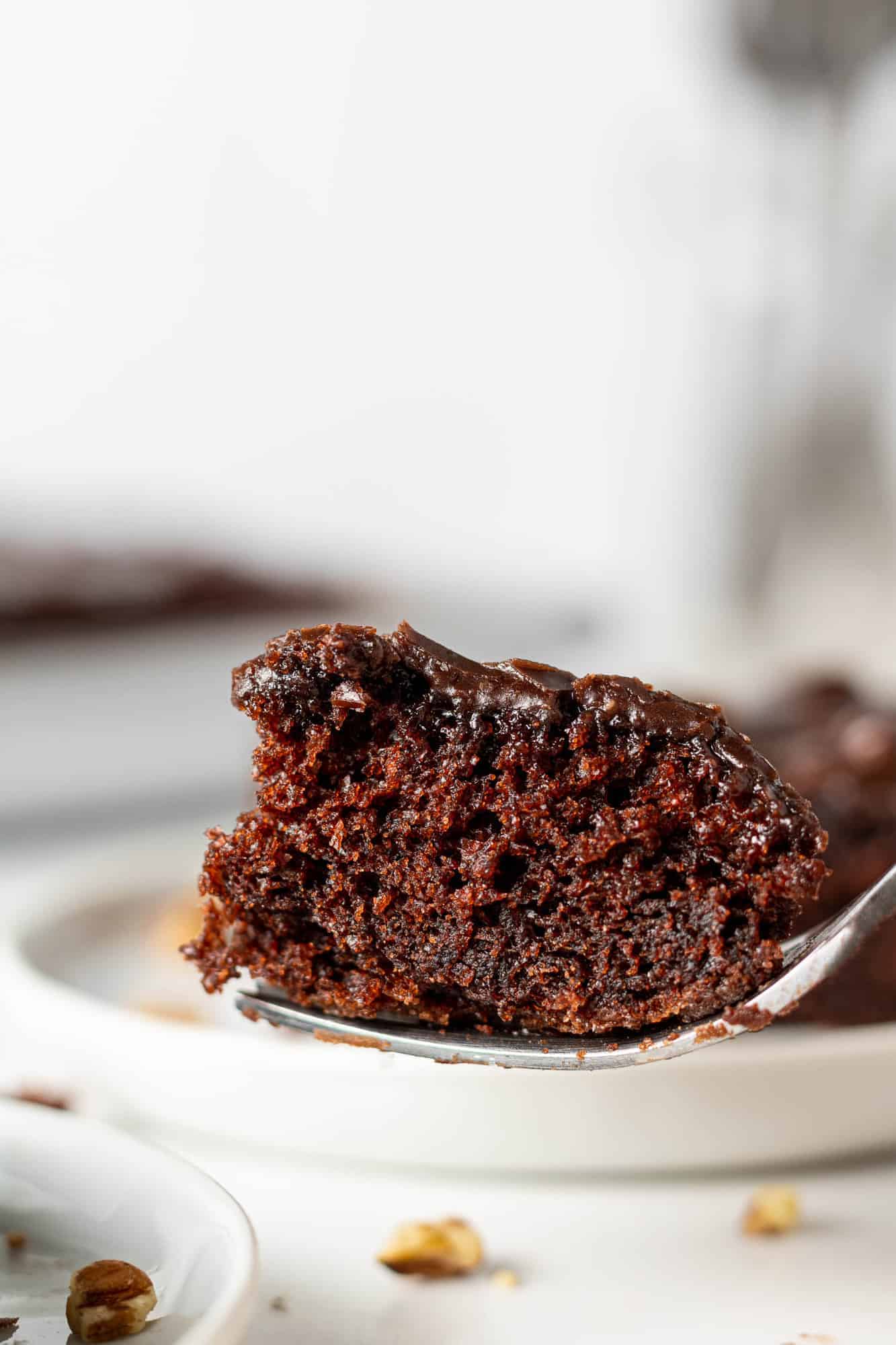 Cake on fork, showing texture.