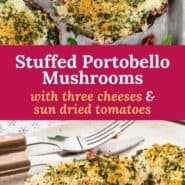 Filled mushroom, text overlay reads "stuffed portobellos with sun-dried tomatoes & cheese."