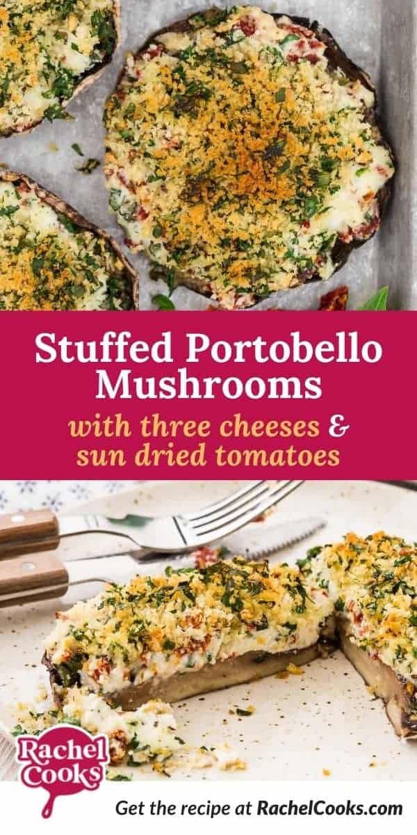 Filled mushroom, text overlay reads "stuffed portobellos with sun-dried tomatoes & cheese."