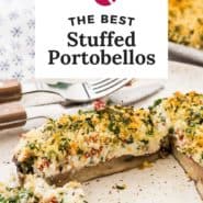 Filled mushroom, text overlay reads "the best stuffed portobellos."