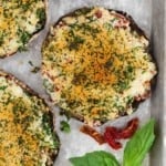 Portobello mushroom stuffed with cheese, sun dried tomatoes, and topped with crispy breadcrumbs.