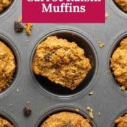 Muffins, text overlay reads "healthy carrot raisin muffins."