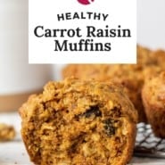 Muffins, text overlay reads "healthy carrot raisin muffins."