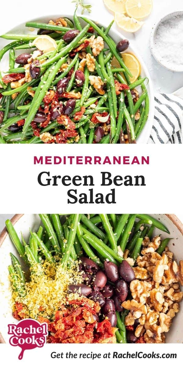 Green beans, text overlay reads "mediterranean green bean salad."