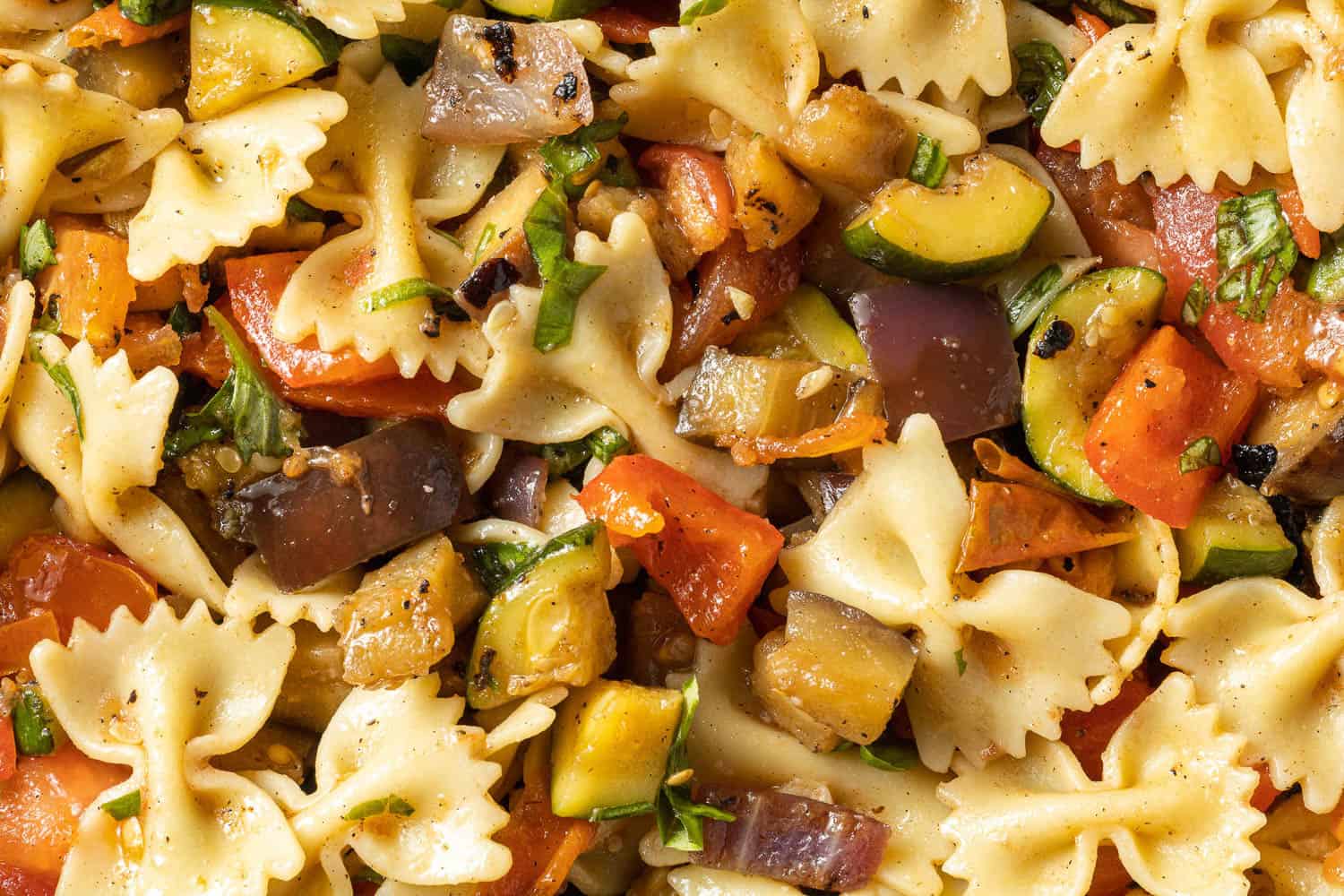 Close up of ratatouille pasta salad.